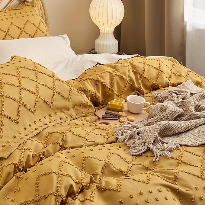 Bedsure Boho Duvet Cover Queen Size,Mustard Yellow Breathable & Soft Boho Bedding, Machine Washable Comforter Cover for All Seasons, Includes 1 Duvet Cover 90"x90" with 2 Pillow Shams & Zipper Closure