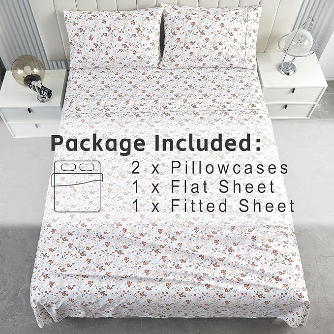 Softan Orange Flower Sheets for King Size Bed Floral Bed Sheets King Printed Sheets - 4 Piece Soft Microfiber Patterned Fitted Sheets King with 15" Deep Pocket