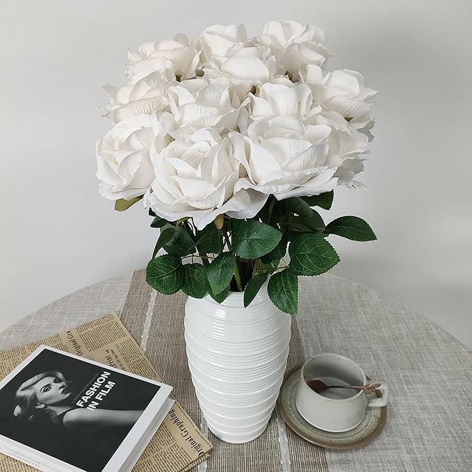 ATFL Fake White Roses Artificial Flowers Bulk,Floral Diameter 4'',20 Pcs Artificial Silk Roses Flowers with Stems for Wedding Arrangement Centerpieces Party Home Table Decorations (20, White)