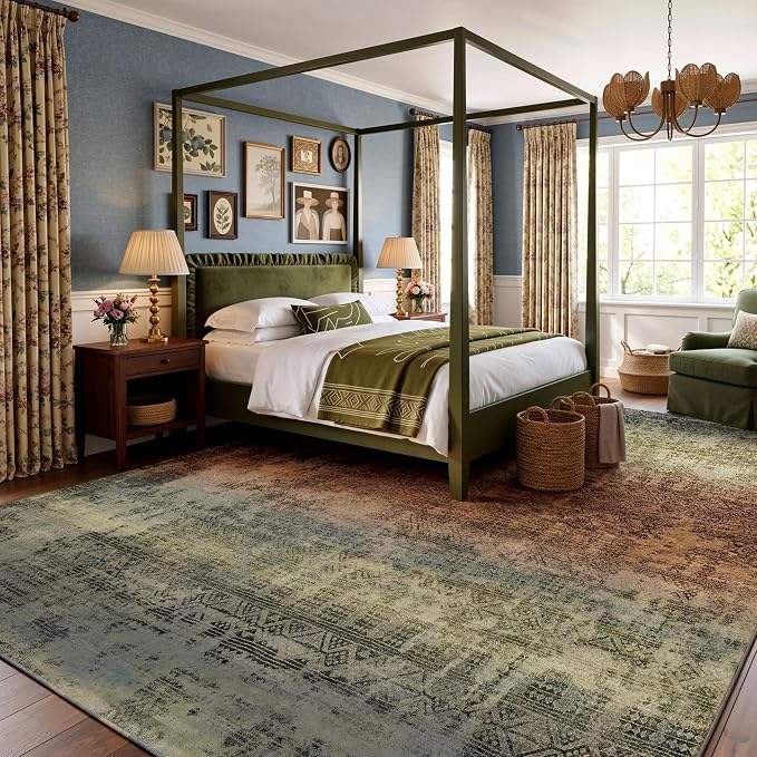 Kokia Abstract Area Rugs 8x10 Bedroom Soft Living Room Rugs Washable Distressed Vintage Comfy Carpet with Non-Slip Backing for Farmhouse Home Office Room Decor, Warm Brown and Dark Sage Green