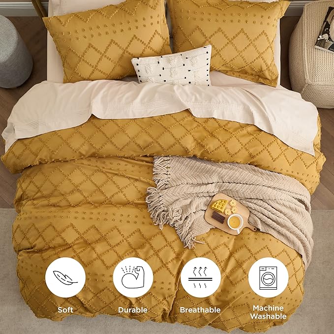 Bedsure Boho Duvet Cover Queen Size,Mustard Yellow Breathable & Soft Boho Bedding, Machine Washable Comforter Cover for All Seasons, Includes 1 Duvet Cover 90"x90" with 2 Pillow Shams & Zipper Closure