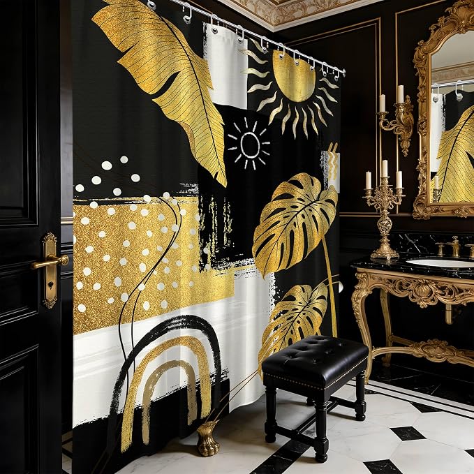 Black and Gold Mid Century Modern Shower Curtain Bohemian Abstract Dark Mens Shower Curtains for Bathroom Decor Sets, Waterproof Cloth Fabric with Hooks, 70x72 Inch