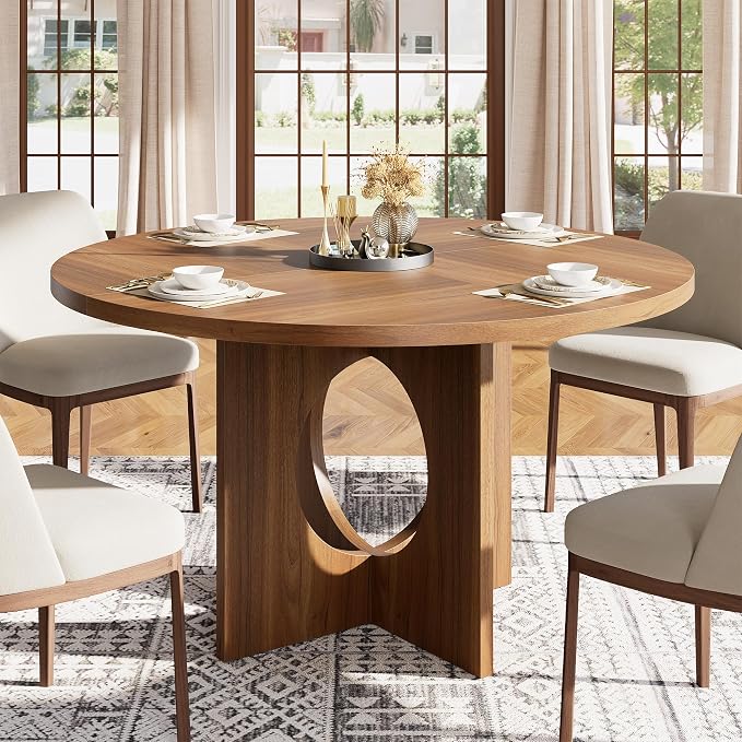 Garvee 47" Round Dining Table for 4-6 People - Circle Kitchen Dinner Table with Sturdy Pedestal Base, Space Saving Dinning Room Furniture for Living Room, Kitchen, Apartment, Brown