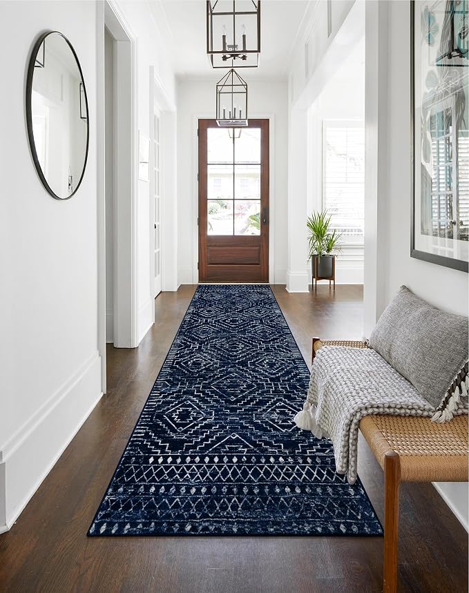 Wonnitar Moroccan Hallway Runner Rugs, 2'6"x10' Washable Non-Skid Blue Runner Rugs for Kitchen, Boho Non-Shedding Soft Long Runner Geometric Low Pile Carpet for Entryway Bathroom (Blue,2'6"x10')