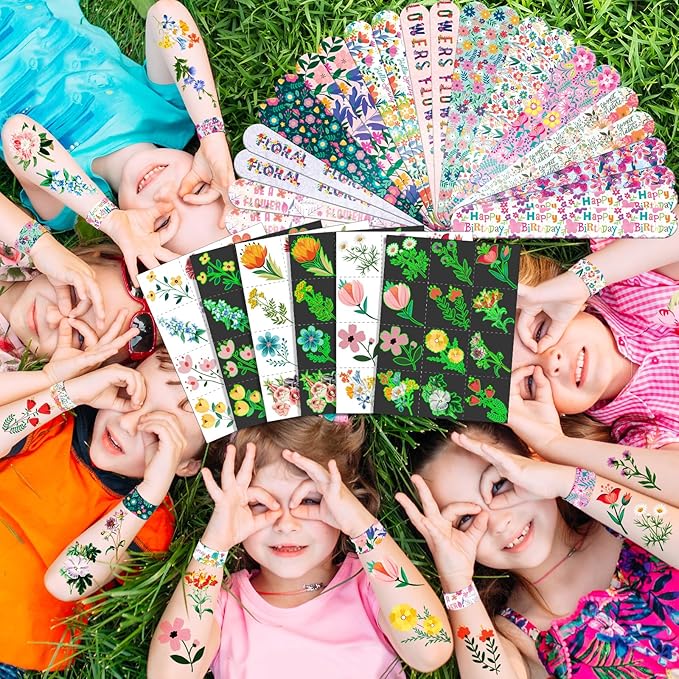 96 PCS Floral Flower Party Favors Set – 72 Pre-Cut Temporary Tattoos & 24 Slap Bracelets for Kids, Perfect for Spring Birthday Parties, Flower Festivals & Classroom Rewards