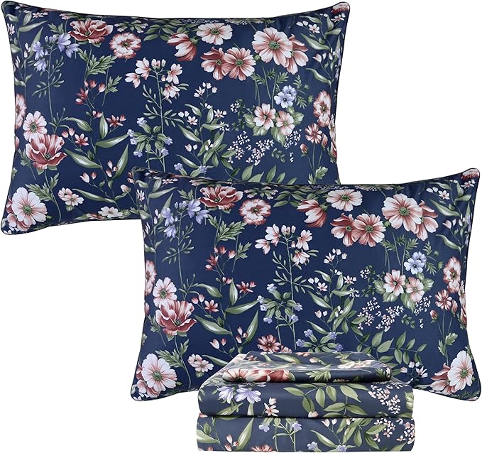 FADFAY Sheets Set Queen Vintage Dark Blue Floral Bedding Shabby Peony Floral Sheets French Country Farmhouse Bedding 800 Thread Count 100% Egyptian Cotton Deep Pocket Fitted Sheet 4Pcs, Queen Size