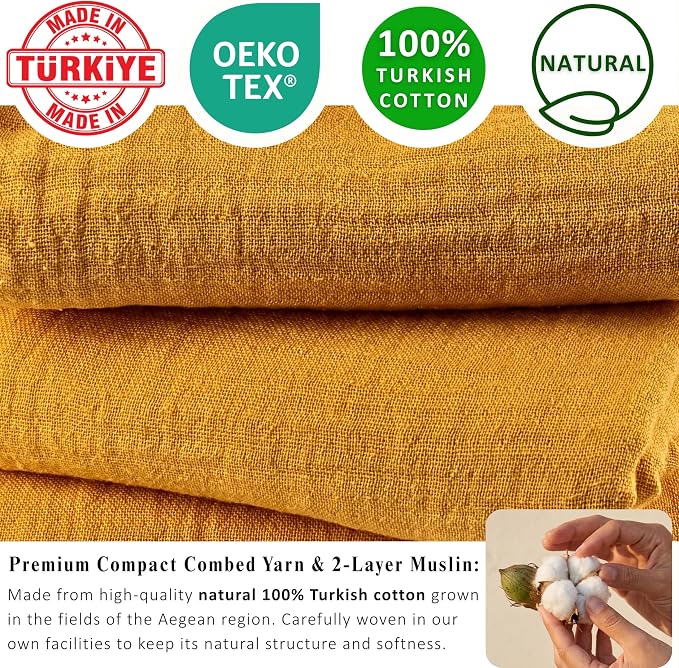 PÜSKÜL - Premium 2-Piece Oversized Muslin Bath Towel for Adult 35x70 Extra Large Bath Sheets | Natural 100% Turkish Cotton Soft Absorbent Quick-Dry Thin Spa & Beach Towels (Pack of 2, Mustard Yellow)