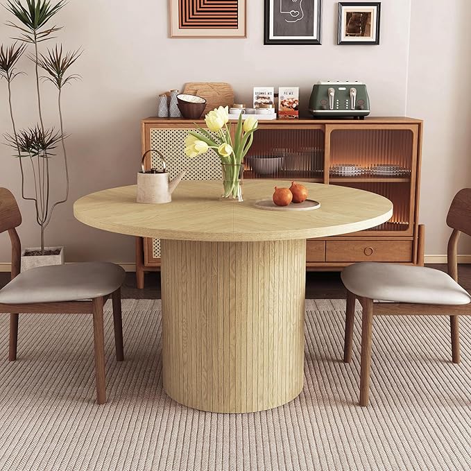 weselon Round Dining Table for 4, Modern Farmhouse Kitchen Table, 47 Inch Small Circle Dining Tables with Wood Strip Base for Kitchen Living Room (Natural)