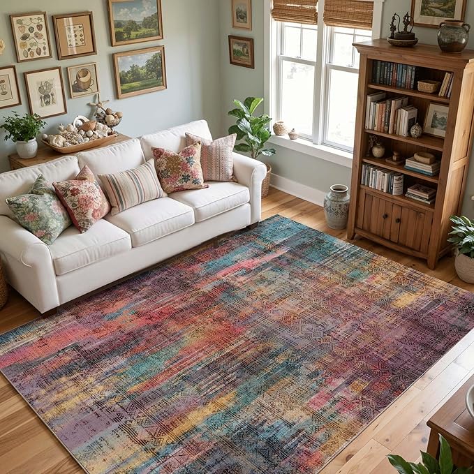 Kokia Abstract Area Rugs 8x10 Bedroom Soft Living Room Rugs Washable Distressed Vintage Comfy Brick Ochre Carpet with Non-Slip Backing for Farmhouse Home Office Room Decor, Oslo Cave