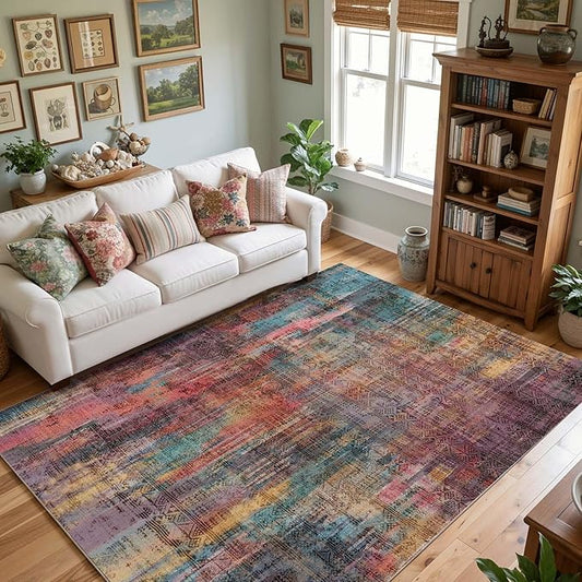 Kokia Abstract Area Rugs 8x10 Bedroom Soft Living Room Rugs Washable Distressed Vintage Comfy Brick Ochre Carpet with Non-Slip Backing for Farmhouse Home Office Room Decor, Oslo Cave