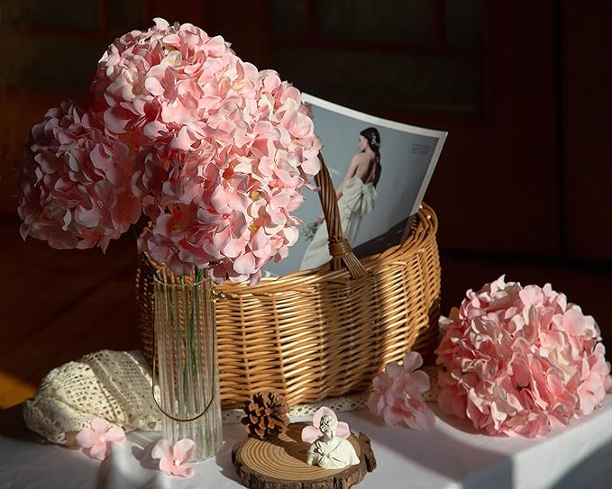 DuHouse Hydrangea Silk Flowers Artificial Flowers with Stem Fake Flower Heads for Wedding Centerpiece Home Decor Pack of 6 (Pink)