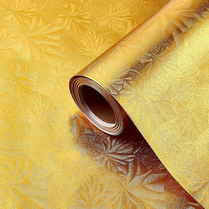 Jecery Embossed Floral Foil Paper Metallic Wrapping Paper Colored Foil Sheets for Crafts Scrapbook Florist Cake Board Cake Drums Christmas Party Gift Wrapping, 15.7 Inch 46 ft(Gold)