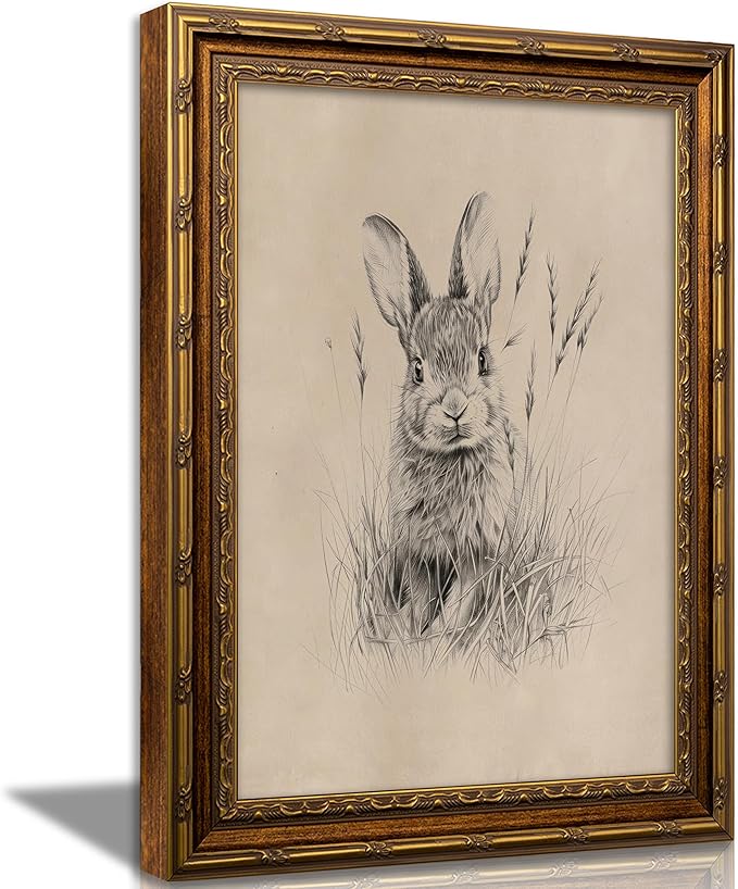 Vintage Gold Framed Easter Bunny Canvas Wall Art Vintage Rabbit Wall Decor Spring Farmhouse Animal Sketch Print Artwork Sketch Rabbit painting Picture for Farmhouse Bedroom Living Room 16X24in