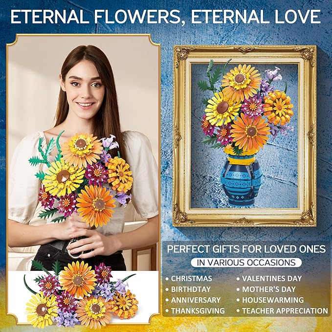 Flower Bouquet Building Blocks Set with Vase, Women Men Teen Girls Gifts for Christmas, 1065PCS Sunflower Botanical Collection Artificial Flower Decor Birthday Gifts for Her Him Wife Mom Grandma Adult