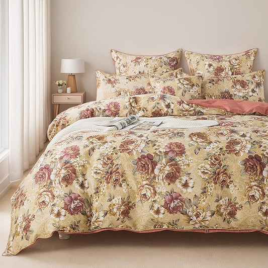 FADFAY Duvet Cover Set Full Tan Peony Floral Bedding Shabby Brown Flower Comforter Cover Set Vintage Farmhouse Bedding 100% Cotton Soft Quilt Cover with Hidden Zipper Closure 3 Pieces, Full Size