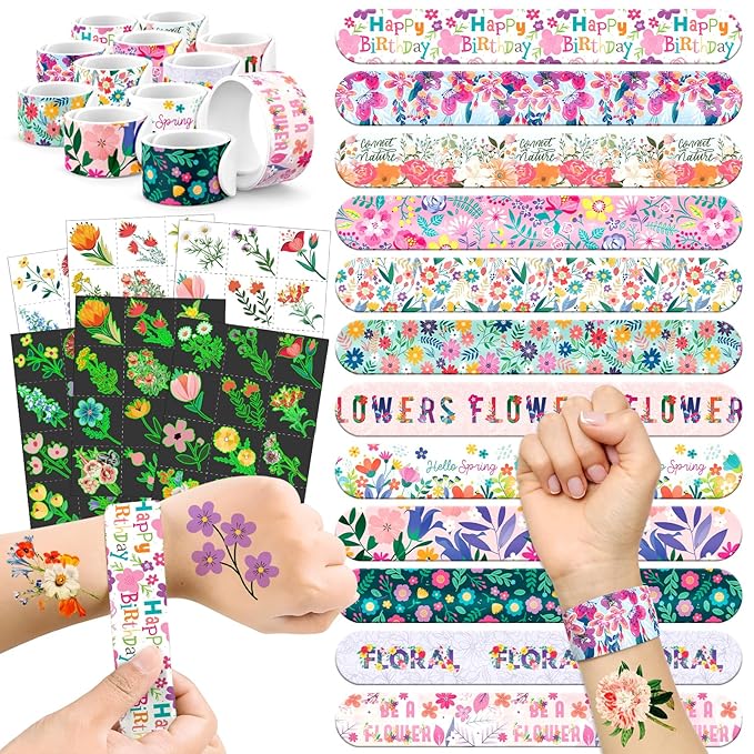 96 PCS Floral Flower Party Favors Set – 72 Pre-Cut Temporary Tattoos & 24 Slap Bracelets for Kids, Perfect for Spring Birthday Parties, Flower Festivals & Classroom Rewards
