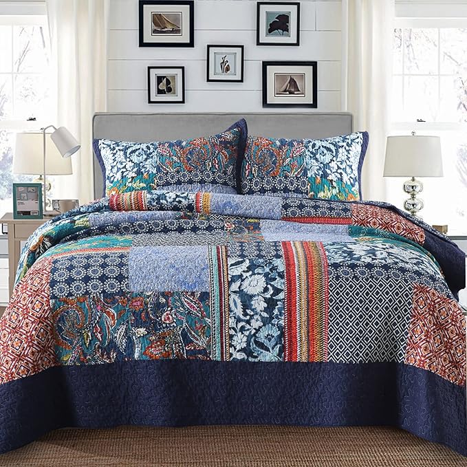 Yvooxny Queen Quilt Set Reversible Lightweight Bohemian Paisley Patchwork Cotton Quilted Bedspread Coverlet Set 3-Piece Bedding Set with Shams for All Seasons, Queen Size, 98 * 90 Inches