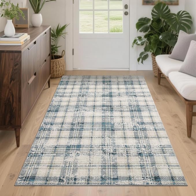 Washable Area Rugs 4x6 Rug for Living Room Modern Plaid Rugs for Bedroom Farmhouse Non Slip Entryway Rug Soft Nursery Rugs Stain Resistant Carpet for Entrance Dining Room 4'x6' Green/Beige