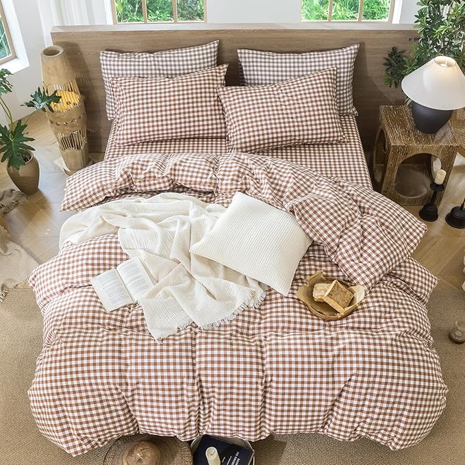 MooMee Gingham Duvet Cover Set 100% Washed Cotton Linen Like Textured Breathable Durable Soft Comfy Modern Checkered Design (Dark Orange Gingham, King 104"x90")