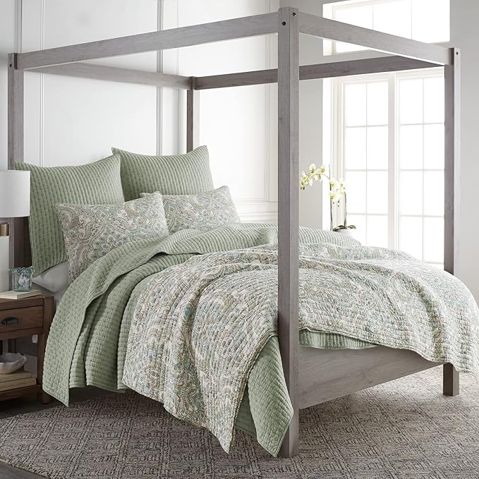 Levtex Home Cross Stitch Reversible King/Cal King Quilt Set (106x92in) and 2 Pillow Shams (36x20in) - Stitch Texture - Desert Sage - Cotton King Size Quilt Bedding Set - Lightweight Soft Pre-Washed