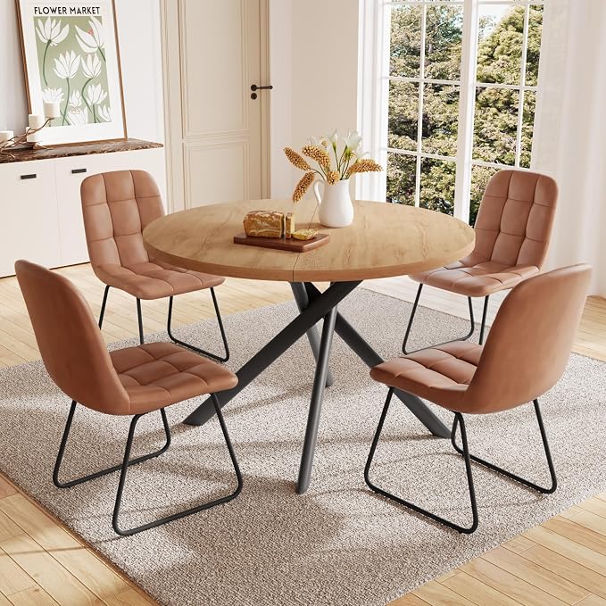 HIPIHOM 45.3 Inch Round Dining Table Set for 4, Mid Century Modern Small Kitchen Coffee Set for Dining Room Kitchen Apartment (Oak Table + 4 U-Shaped Brown Chairs)