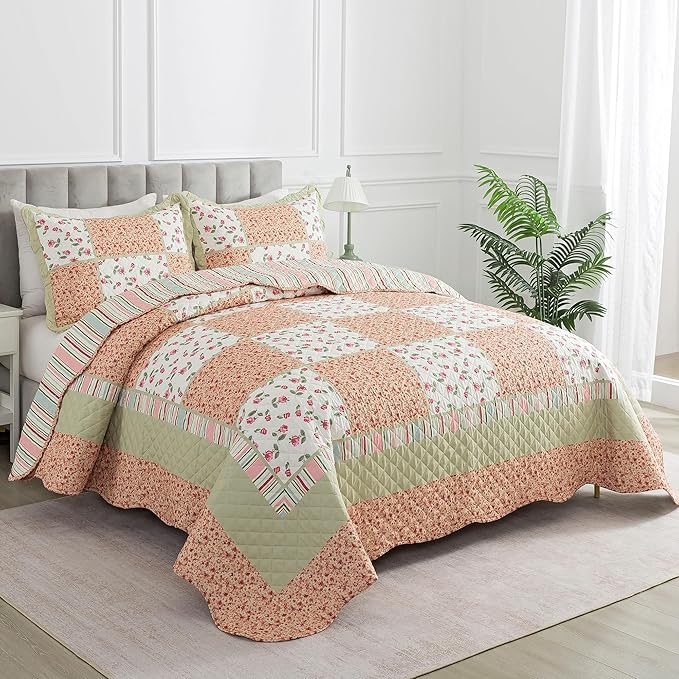 HoneiLife Queen Size Quilt Sets - Microfiber Quilt Set 3-Piece,Lightweight Bedspreads Reversible Coverlets Retro Bed Cover Floral Bedding Set, Queen Quilt Bedding Sets for All Season Use