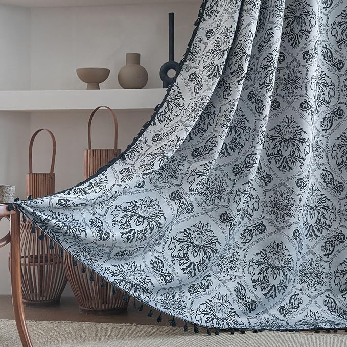 ENJOYBRIDAL Black Damask Curtains 96 Inches Long Semi Sheer Rod Pocket Drapes Bedroom Living Room 2 Panels Long Window Curtain Panels Boho Jacquard Medallion Pattern Light Filtering Window Treatments