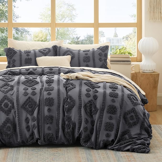 Bedsure Boho Duvet Cover Queen Size - Dark Grey Tufted Boho Bedding, Farmhouse Shabby Chic Embroidery Bedding for All Seasons, 3 Pieces, 1 Soft Jacquard Queen Comforter Cover and 2 Pillow Shams