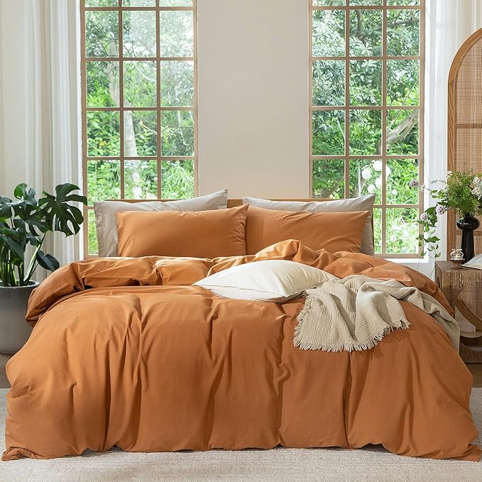 MooMee Bedding Duvet Cover Set 100% Washed Cotton Linen Like Textured Breathable Durable Soft Comfy (Solid Burnt Orange, Super Queen 90"x98")