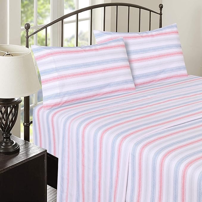 RUVANTI 100% Cotton Full Size Bed Sheets, 4 Pieces, Soft & Breathable Percale Weave Bedding, Deep Pocket 16", Hotel Standard, Crisp Cool Feel, Durable, Perfect Sheet Set Striped, Times