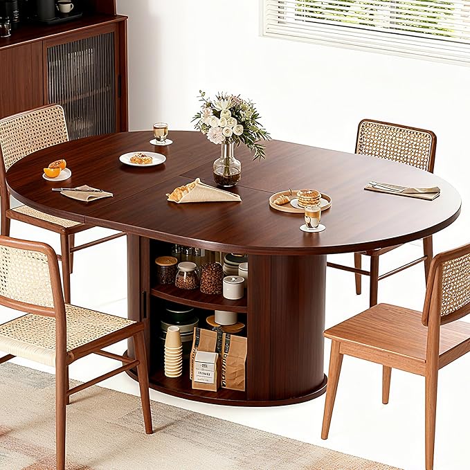 Extendable Round Dining Table for 2-4-6, 63 Inch Dining Room Kitchen Table with 2-Tier Storage Shelf, Modern Farmhouse Fluted Wood Slide Door Dinner Furniture,Oval Circle(Walnut-63 Inch)