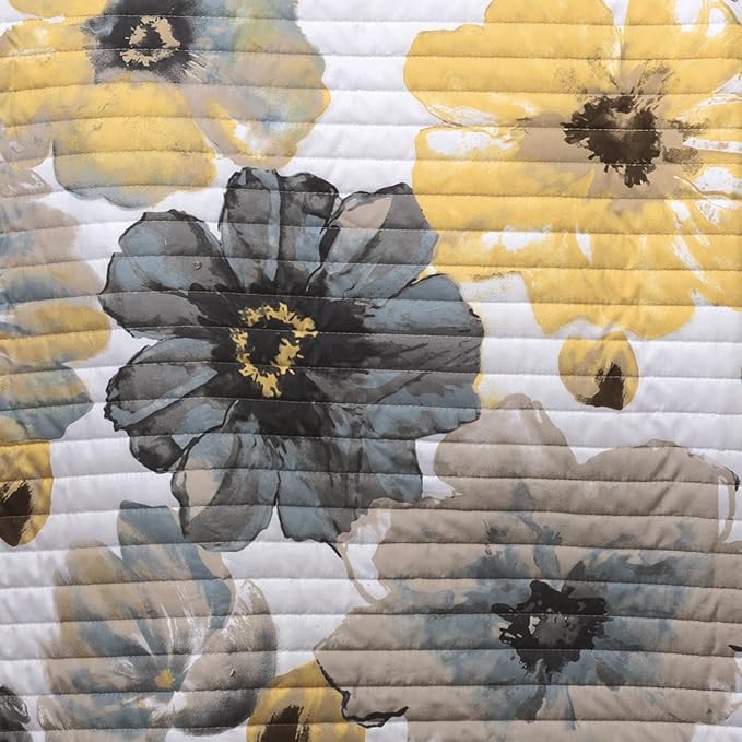 Lush Decor Leah Reversible Floral Quilt Set, 3 Piece Set, King, Yellow & Gray - Watercolor Botanical - Cottage Core - French Country Decor- Bedding Queen Size