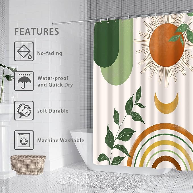 Mid Century Abstract Boho Aesthetic Shower Curtain Set, Green Nature Leaf Sun Modern Minimalist Home Bathroom Curtain Decor with 12 Hooks 72 Inch Wide * 84 Inch High