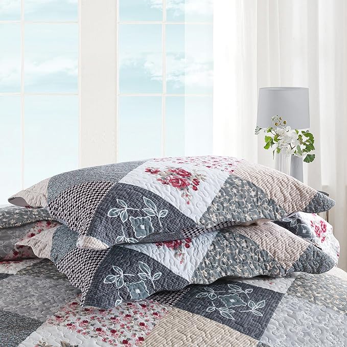 HoneiLife Quilt Set King Size - 3 Piece Microfiber Reversible Bedspreads Patchwork Coverlets Floral Bedding Set All Season Quilts-Grey Rose