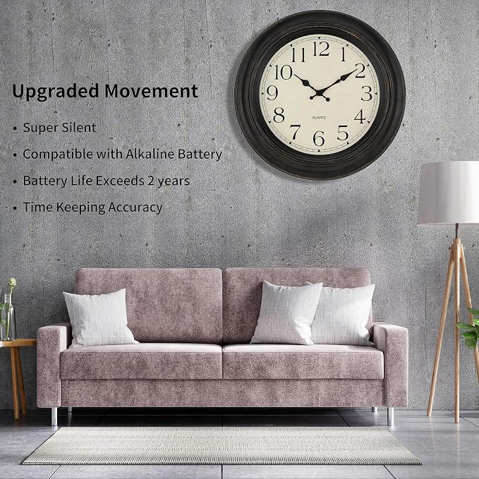 Foxtop Large Wall Clock 18 Inch Silent Non Ticking Battery Operated Classic Vintage Retro Wall Clock Decorative for Living Room Kitchen Home Office (Bronze)