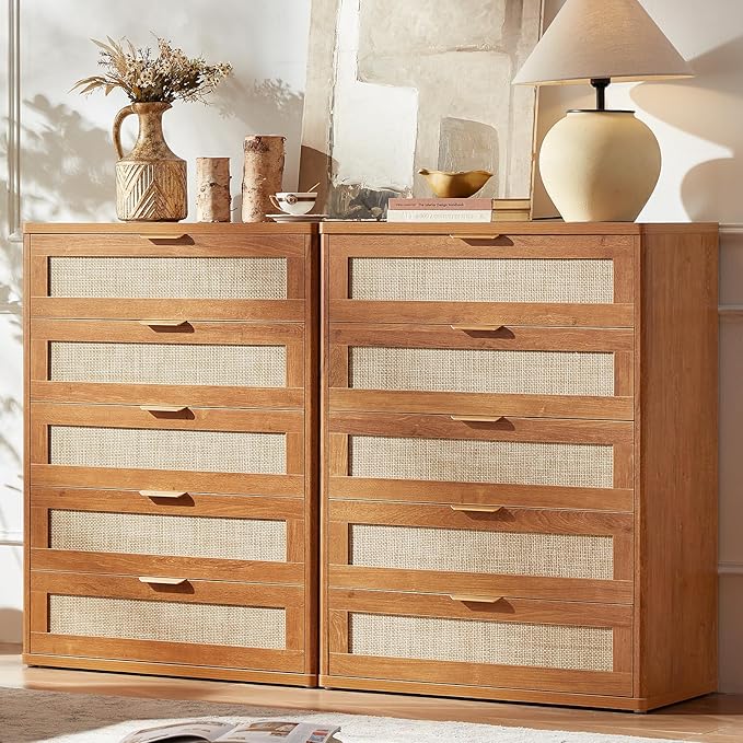 LEYAOYAO Rattan Dresser for Bedroom Set 2, 41" Tall Dressers Chest of Drawers, Boho Small Dressers with 5 Drawers, Tea Brown Dresser Wooden Closet Organizer for Living Room, Hallway