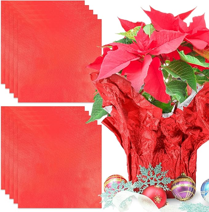 10 PCS Foil Wrap for Potted Plant, 19.7×19.7 inches Red Floral Foil Plant Pot Covers, Matte Texture Wrapping Paper for Christmas Plant Pot, Foil Wrapping Paper for DIY Christmas Flower Pot (Red)