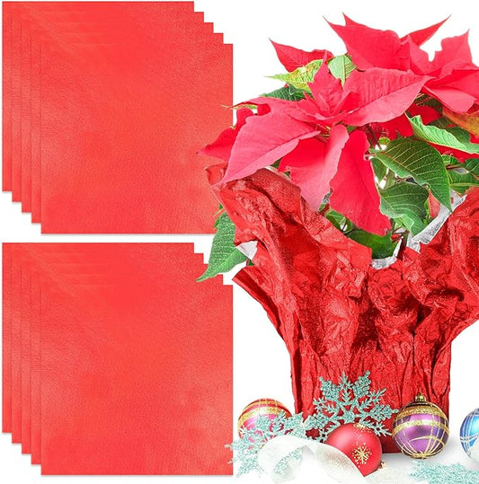 10 PCS Foil Wrap for Potted Plant, 19.7×19.7 inches Red Floral Foil Plant Pot Covers, Matte Texture Wrapping Paper for Christmas Plant Pot, Foil Wrapping Paper for DIY Christmas Flower Pot (Red)