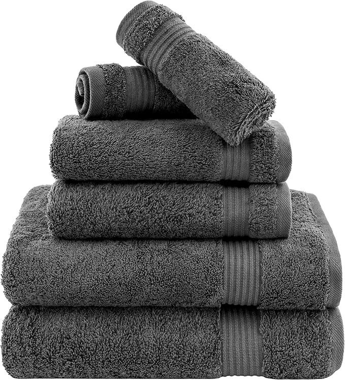 Cotton Paradise Towel Set of 6, 2 Bath Towels, 2 Hand Towels and 2 Washcloths Towels for Bathroom Sets, Smoke Gray