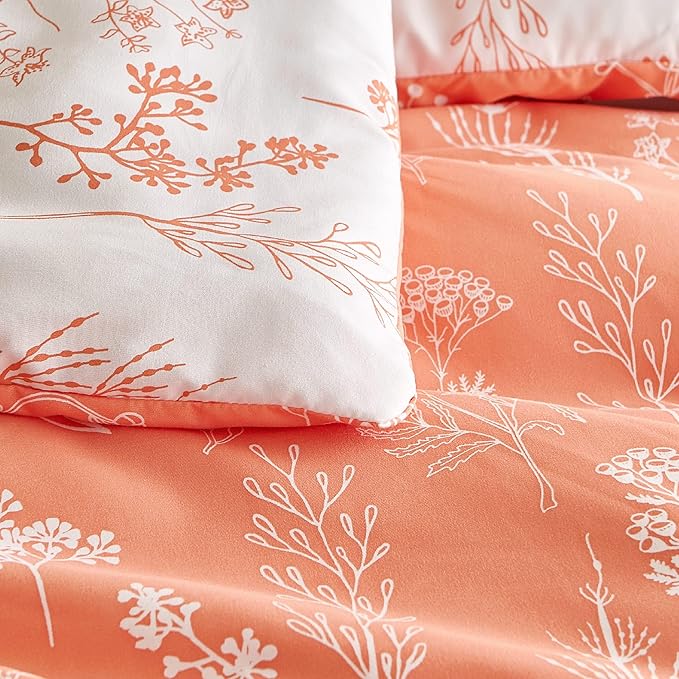 Bedsure Queen Comforter Set - Coral Orange Bed Set, 3 Pieces Cute Floral Bedding, 1 Soft Reversible Botanical Flowers Comforter and 2 Pillow Shams