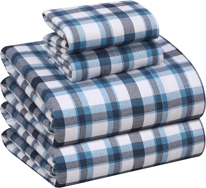 RUVANTI Flannel Sheets Full Size - 100% Cotton Double Brushed Bed Sheets Set, Deep Pockets 16 Inches, All Seasons Breathable & Extra Soft Full Sheets, Warm & Cozy, 4 Piece, Gingham Addition