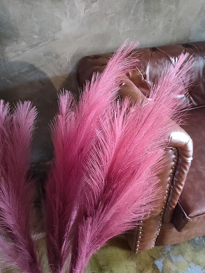Premium Faux Pampas Grass Decor Tall & Fluffy, No Assembly Needed Long Pampas, Burgundy Red Large Floral, Elegant Feather Flowers for Wedding Decor(Faux Claret Red, 8pcs 43.3"(110cm))