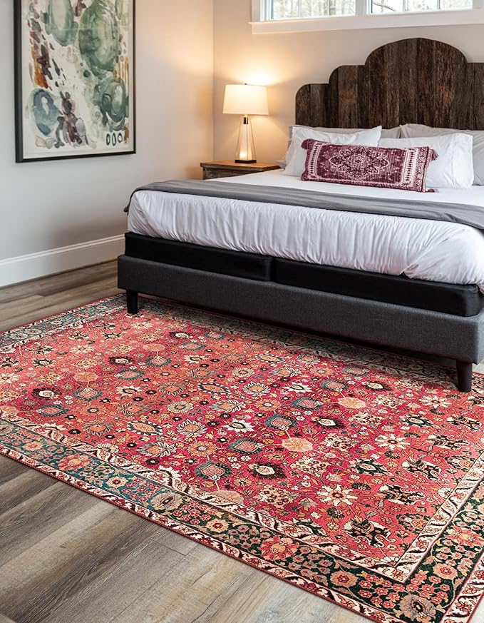 vivorug Washable Rug, Ultra Soft Area Rug 3x5, Non Slip Small Rug Carpet, Stain Resistant Rugs for Living Room Bedroom Entryway, Vintage Floral (Cherry Red/Spice, 3'x5')