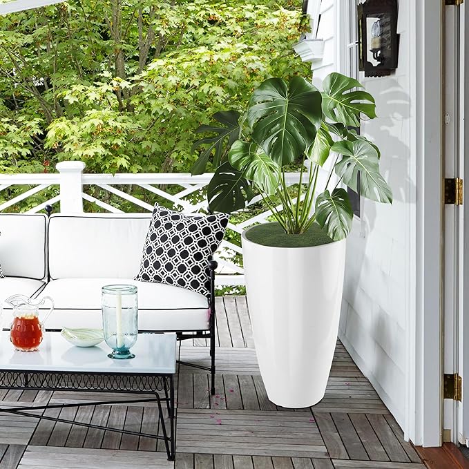 2 Packs 21 inch Tall Planter, Indoor Outdoor Round Planter for Porch, Large Plant Pot with Drainage Hole for Home Garden Front Door, Modern Decorative Pots for Plants (White)