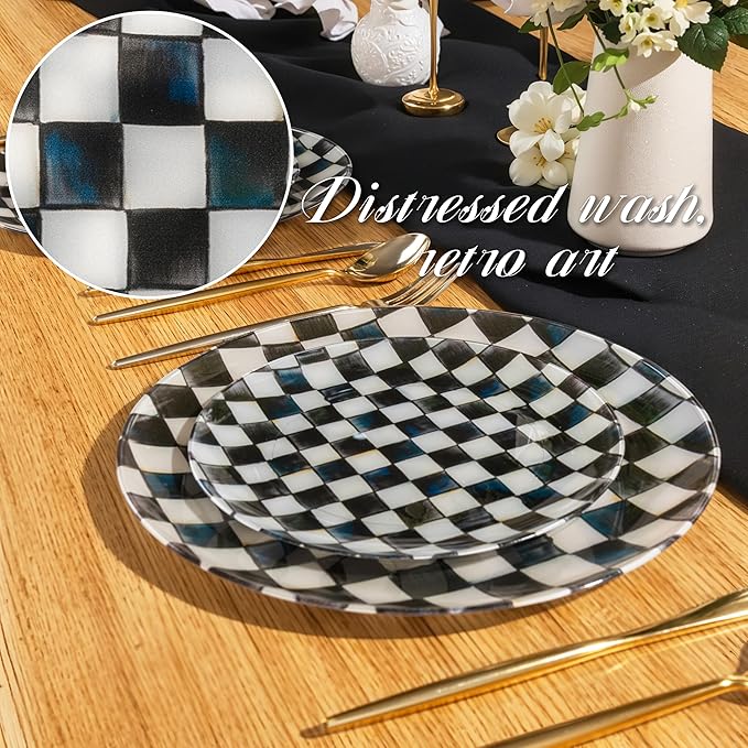 U-QE 20PCS Black Plastic Plates for Party - Retro Checkered Plates Disposable Heavy Duty - Black and White Plate for Party, Birthdays - 10 10.25 Inch Dinner and 10 7.5 Inch Dessert Plate