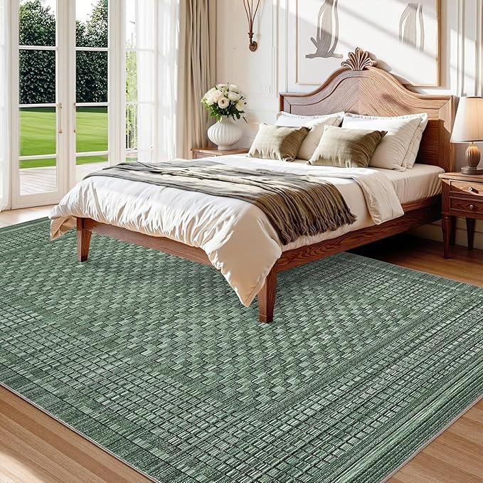 Washable Rugs 8 x 10 Rug for Living Room Modern Green Bedroom Rug Checkered Farmhouse Plaid Large Area Rug Non Slip Throw Rugs Soft Low Pile Stain Resistant Carpet for Nursery 8'x10' Green