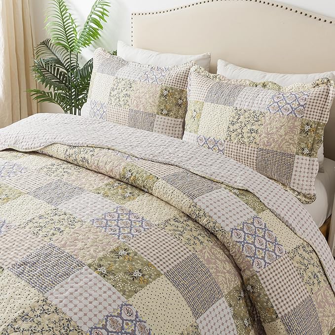 HoneiLife Queen Quilt Bedding Sets - Rustic Quilts 3-Piece 90x96, Microfiber Reversible Bedspreads Patchwork Coverlet Floral Bedding Set All Season Use