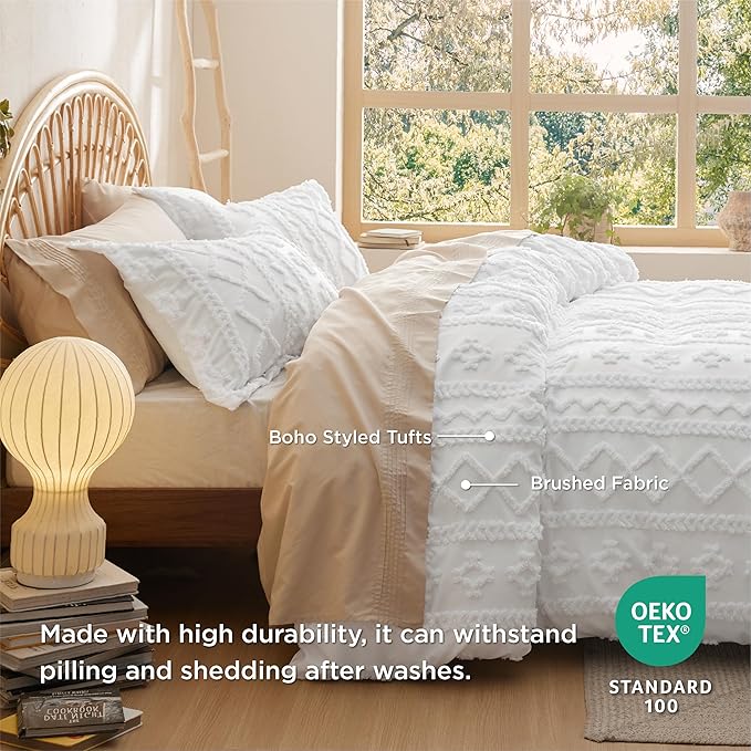 Bedsure Boho Duvet Cover King Size, Soft & Comfortable Elegant Design Boho Bedding for Decoration, Machine Washable Comforter Cover for All Seasons,Includes 1 Duvet Cover & 2 Pillow Shams,White