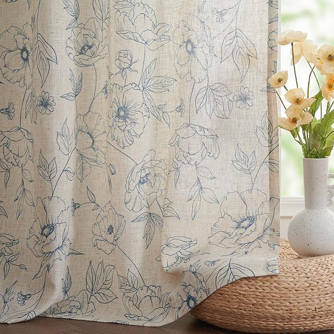 jinchan Floral Linen Curtains for Living Room 84 Inch Length Blue Flower Curtain Rod Pocket Back Tab Farmhouse Curtains with Printed Floral Bedroom Window Curtain Set, 2 Panels Blue