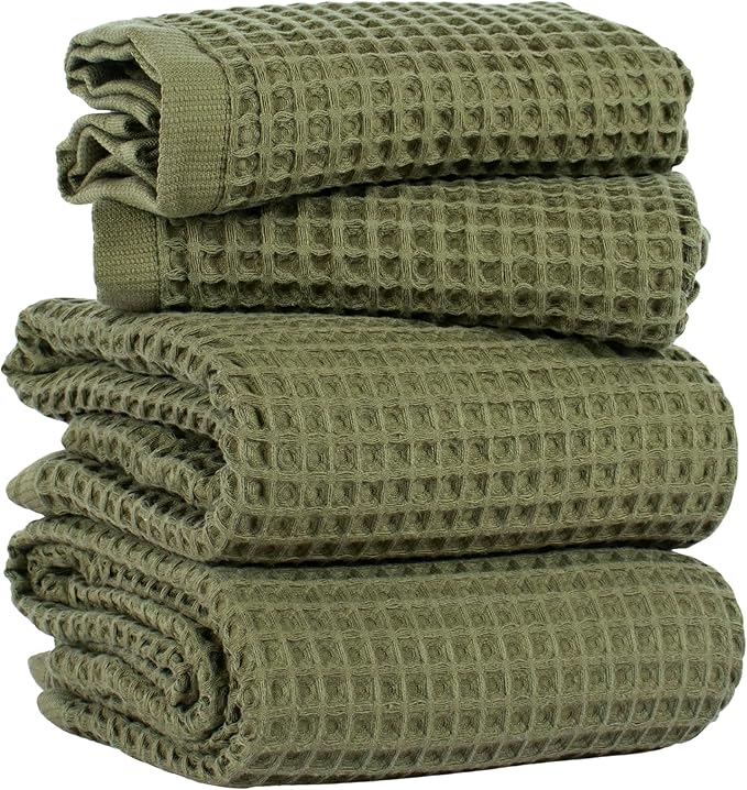 PÜSKÜL 4-Piece Natural 100% Turkish Cotton Luxury Waffle Towels for Bathroom | Premium Honeycomb Weave 2 Hand Towel & 2 Bath Towel Set | Soft Absorbent Quick-Dry Lightweight Towels (Khaki Green)